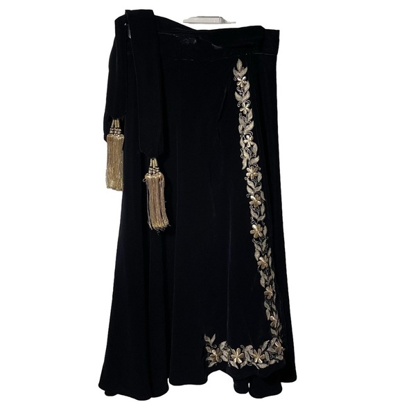Handmade Dresses & Skirts - Black Velvet Wrap Skirt Gold Floral Embroidery Handmade in India S\M